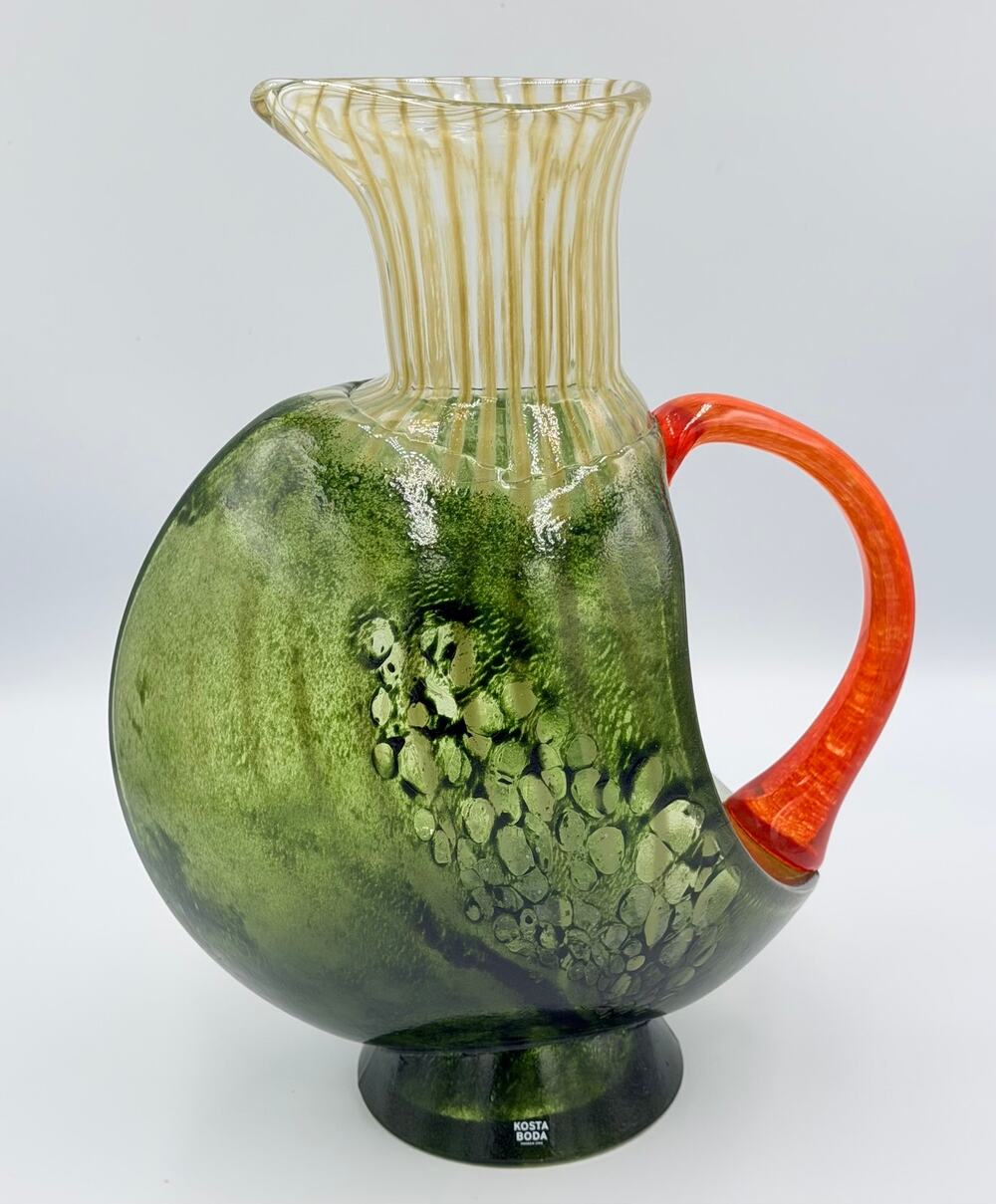Kosta Boda by Kjell Engman Signed "Corfu" Art Glass Jug Orange Handle #7080512